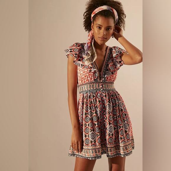NWT Anthropologie Beaded & Embroidered Flutter Sleeve Mini Dress 8P - Picture 1 of 9